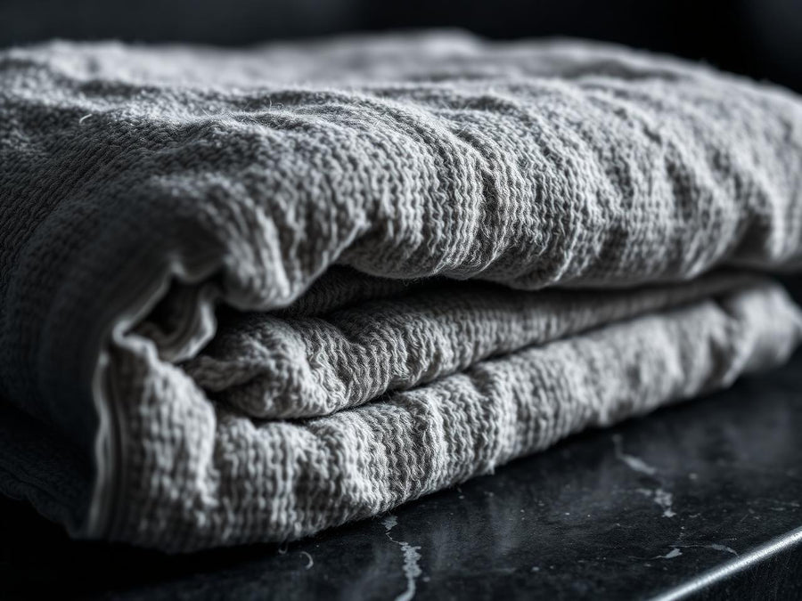 A worn, damp reusable bath towel after a week of daily use