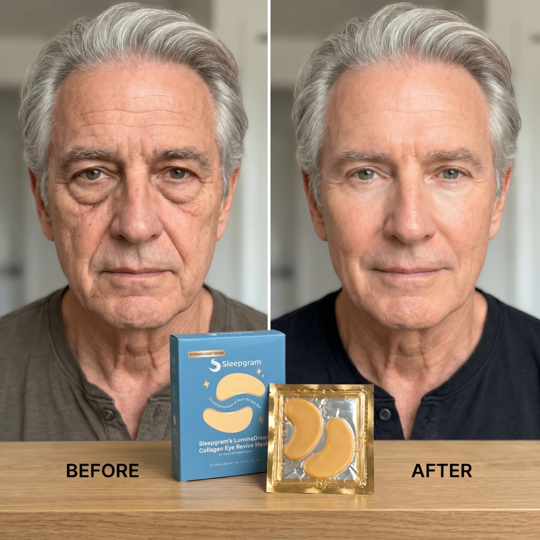 Before and after using LuminaDream collagen eye patches